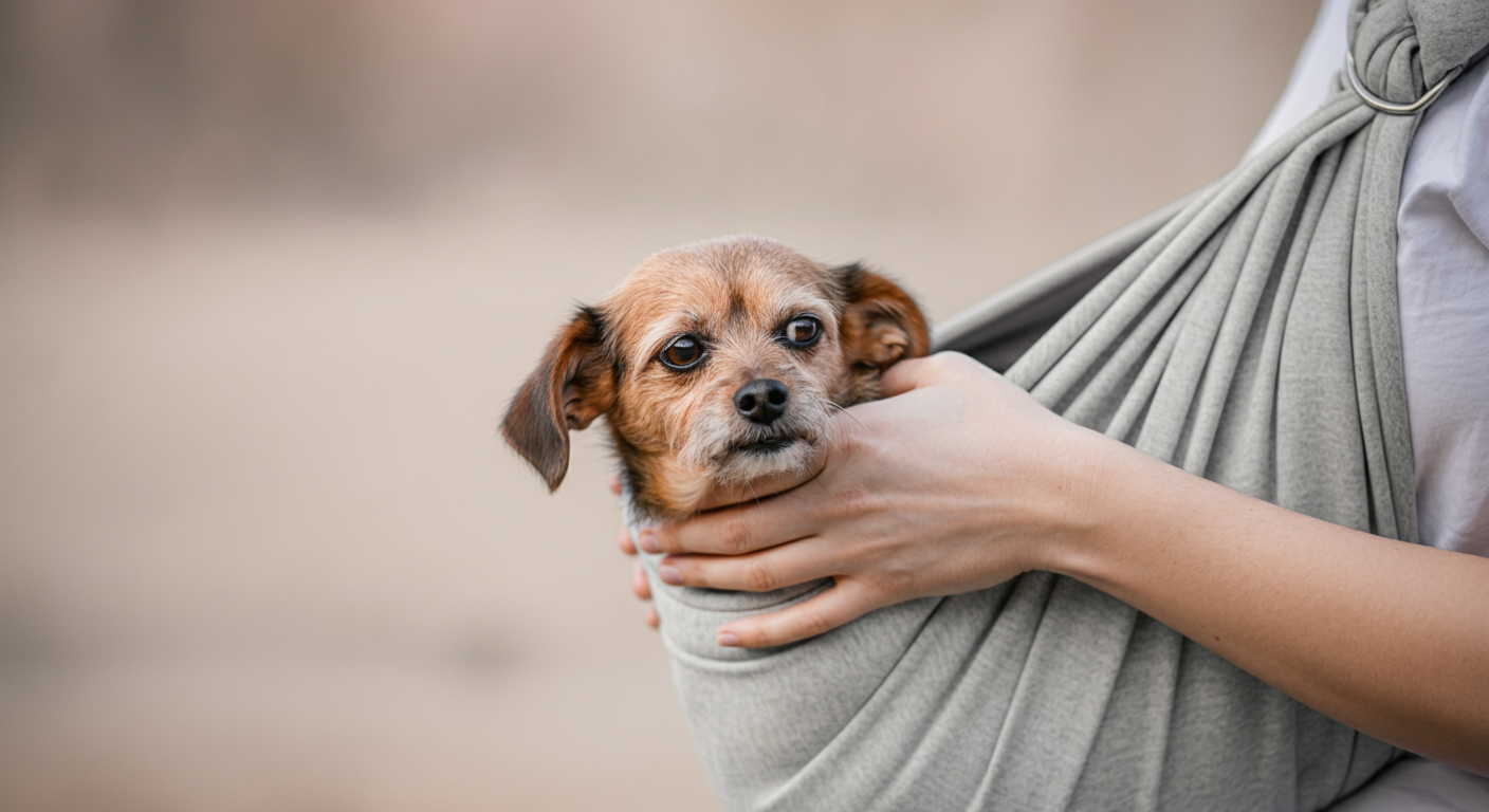 飼い主の手が、小さな犬を優しくスリングに導いている様子を捉えた写真。犬はリラックスしている。