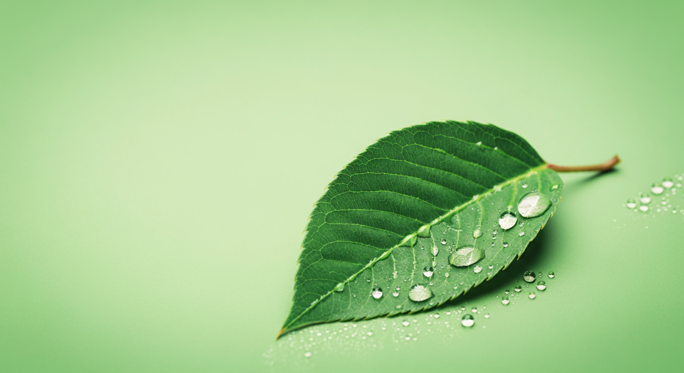 表面に朝露がついた一枚の瑞々しい緑の葉。回復と生命力をイメージさせる写真。