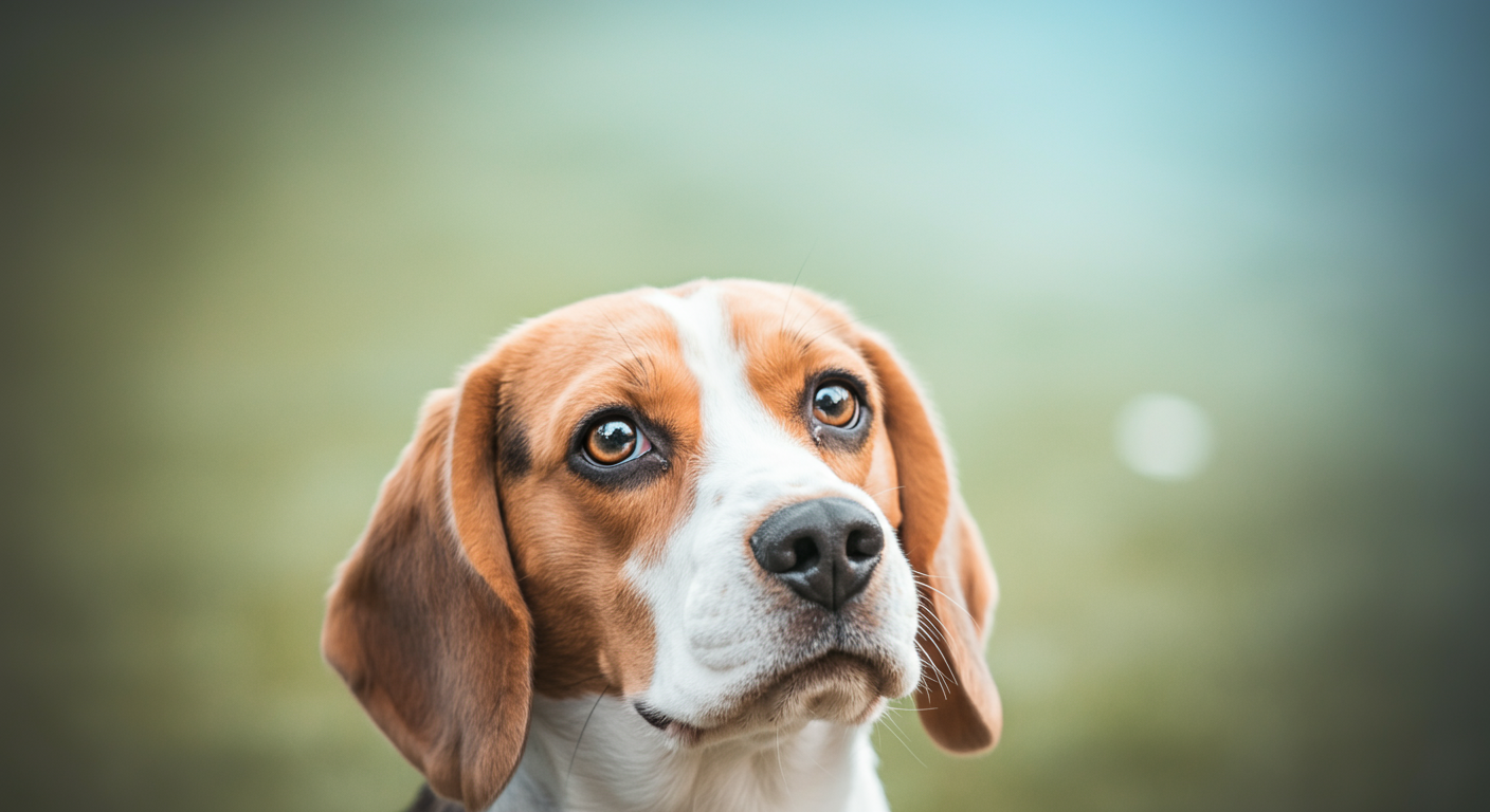 公園を背景に、少し緊張した面持ちでこちらを見つめるビーグルの顔のアップ。