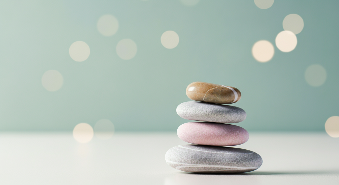 食事と運動のバランスを象徴する、完璧なバランスで積まれた3つの石。