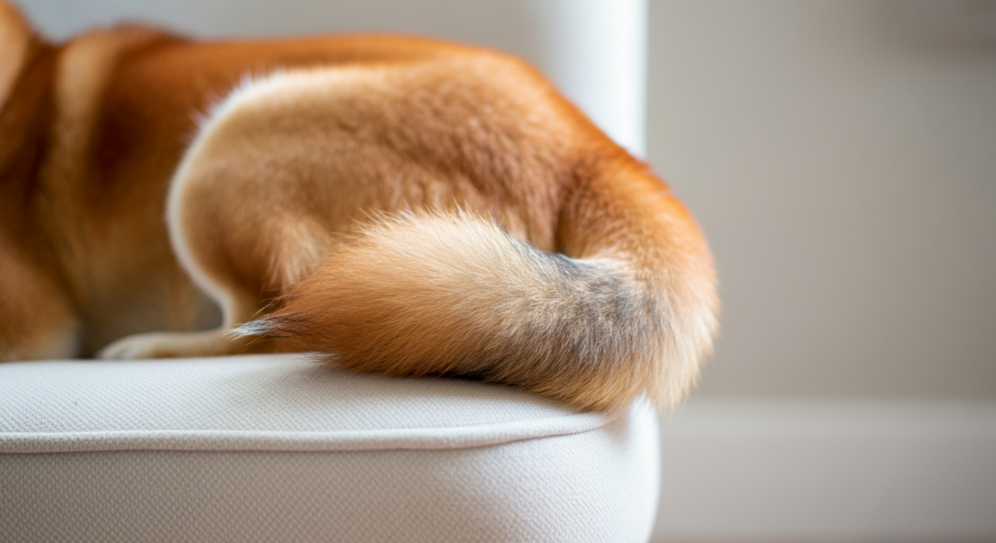 清潔な犬用椅子の上で、気持ちよさそうに眠る犬の尻尾のクローズアップ。