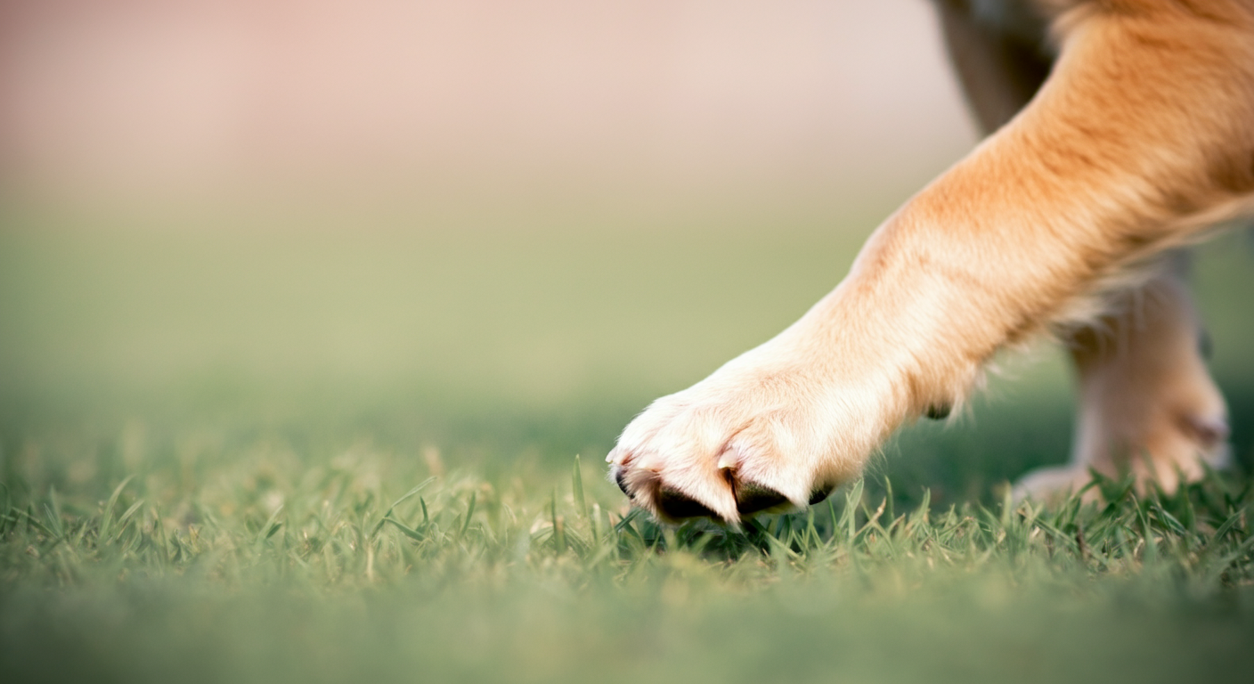 パステルカラーの背景の中、芝生の上を走る犬の足のクローズアップ。