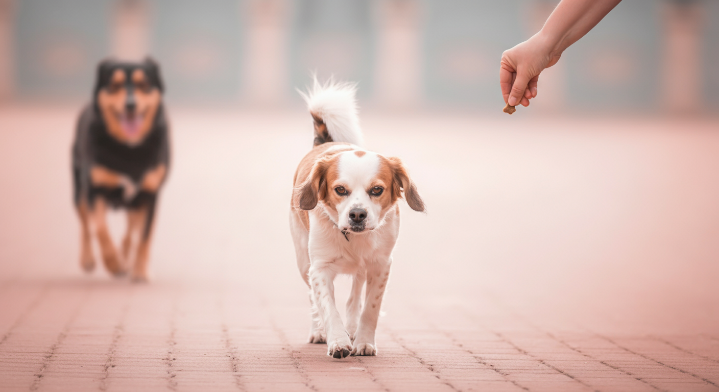 他の犬のシルエットと穏やかにすれ違う犬。飼い主の手がおやつのご褒美を差し出そうとしている。