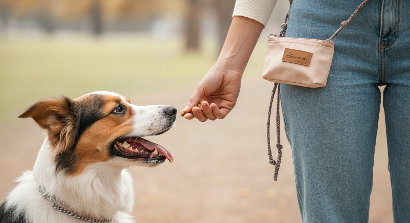 公園で、飼い主が犬に優しくおやつを与えている手元のクローズアップ。腰にはおしゃれなトリーツポーチが見える。