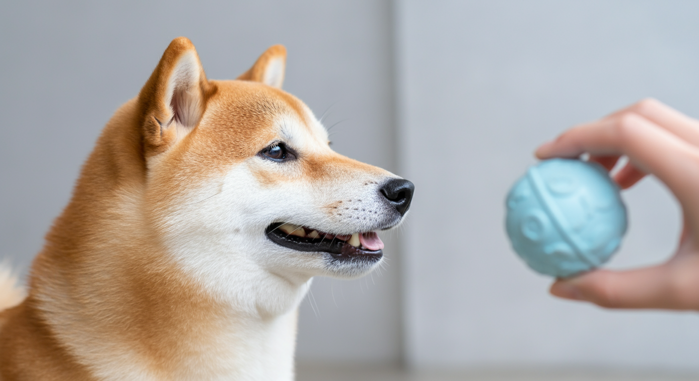 柔らかな自然光が差し込む中、柴犬が飼い主の手にあるおもちゃを期待に満ちた表情で見つめている。ミニマルでパステル調の写真。