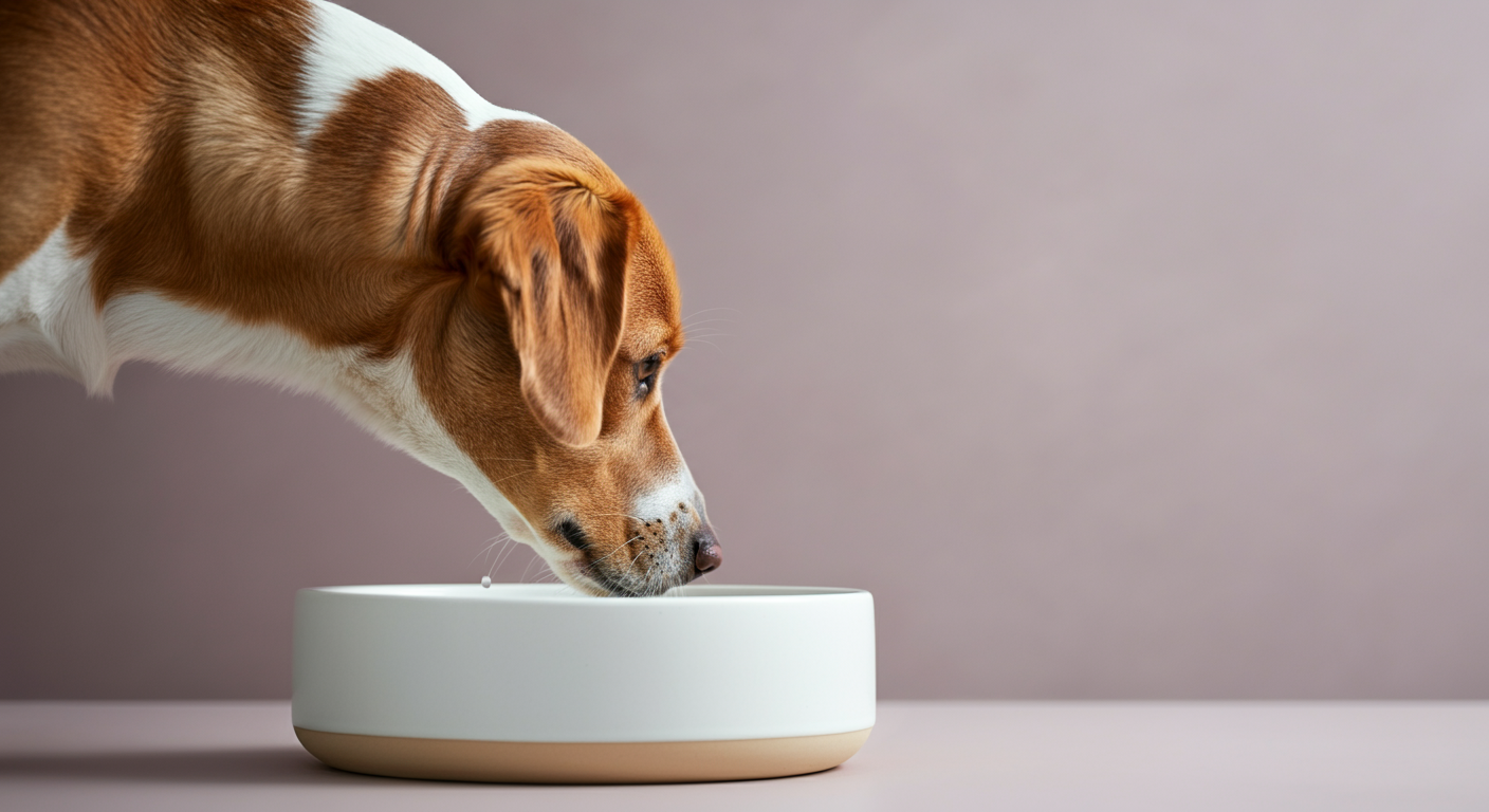 水入れのボウルをじっと見つめている犬の横顔。疲れている様子を暗示している。