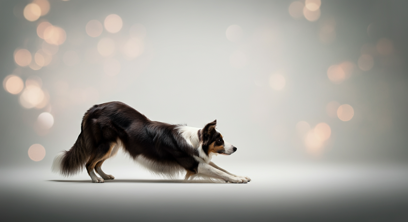 走り出す直前のストレッチのようなポーズをとるボーダーコリーのシルエット。