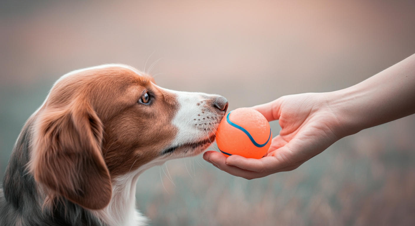 飼い主が犬に優しくボールを渡そうとしている手元のアップ