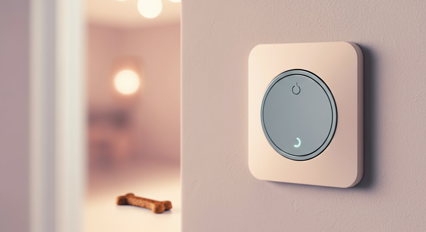 壁に取り付けられたモダンなドアベルの横に置かれた一つのおやつ。