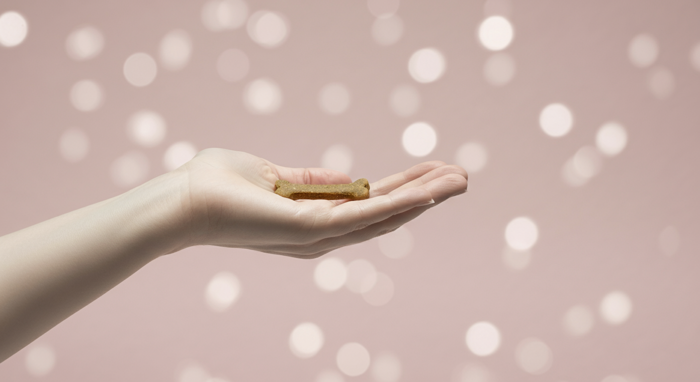 手のひらに乗せた一つのおやつを、優しく差し出している様子を捉えた写真。