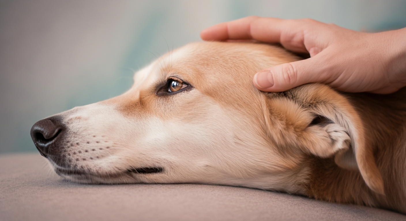 床に伏せてリラックスしている犬の頭を、人の手が優しく撫でているクローズアップ写真。