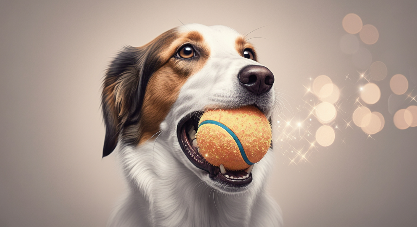 ボールを誇らしげにくわえている犬。ボールの周りがキラキラ光っている。