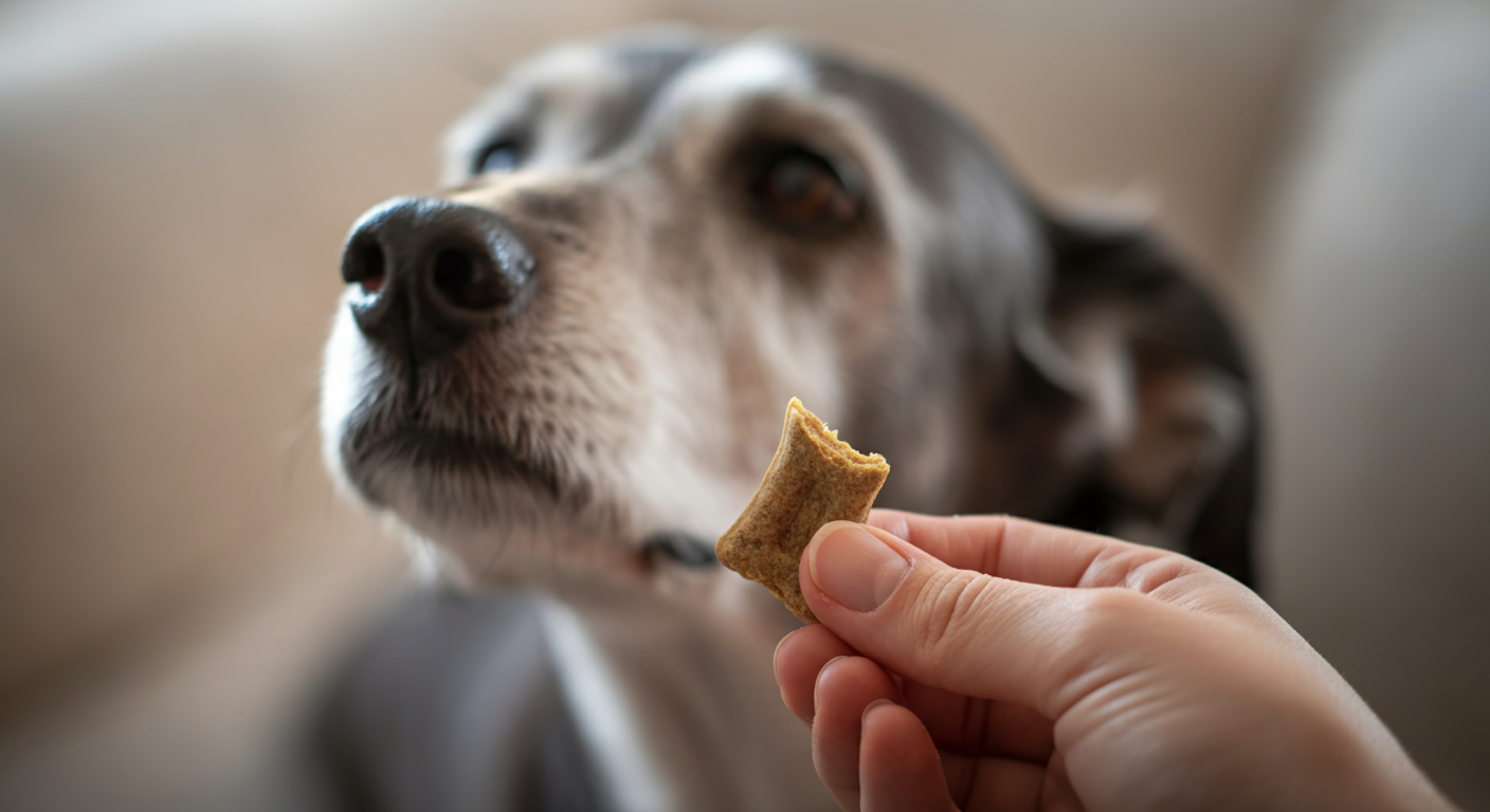 シニア犬用の柔らかいおやつを指で持ち、その質感を見せているクローズアップ写真。背景にはシニア犬の顔がぼんやりと写っている。