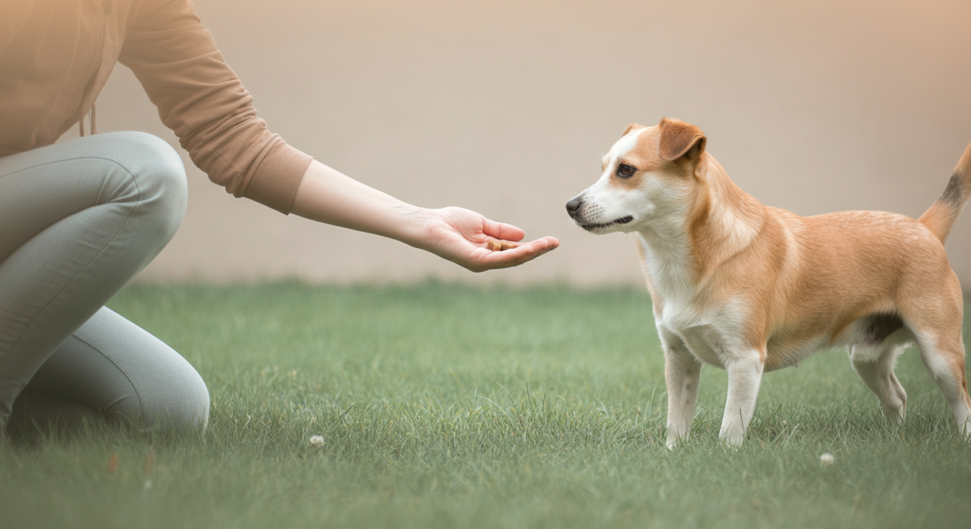 短い距離で犬を呼んでいる飼い主の手元
