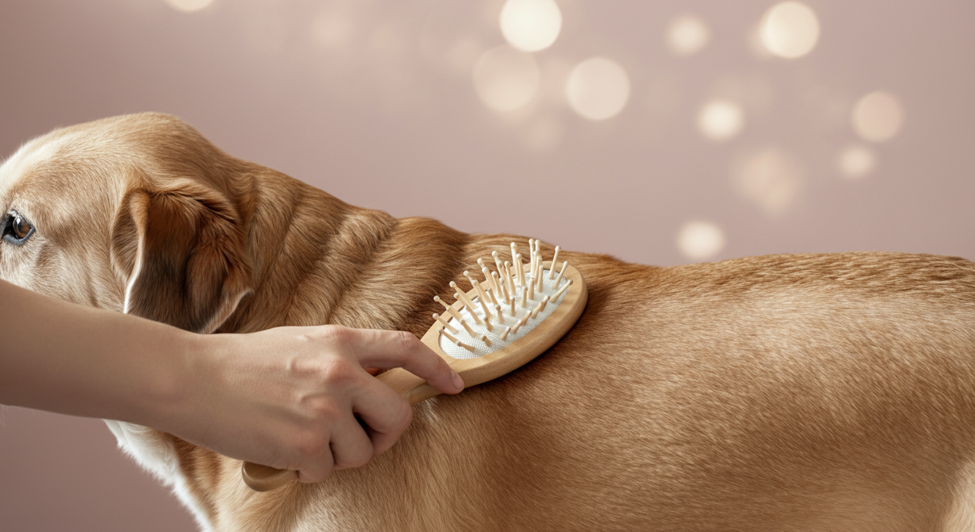 ブラシの背中側で優しく犬の背中を撫でている手元。