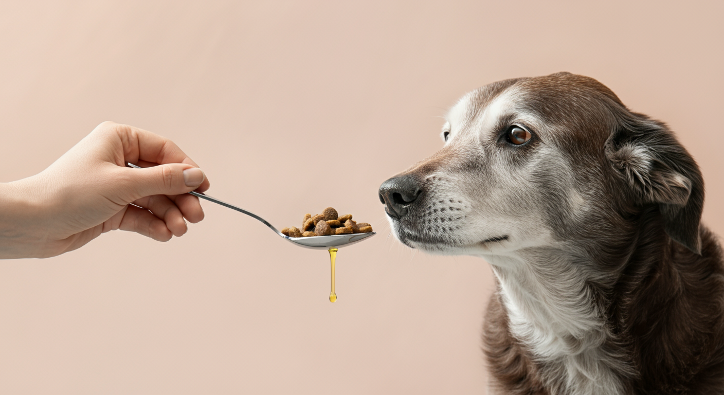 パステルカラーの背景で、飼い主がスプーンに乗せた亜麻仁油入りフードをシニア犬に優しく差し出している様子。