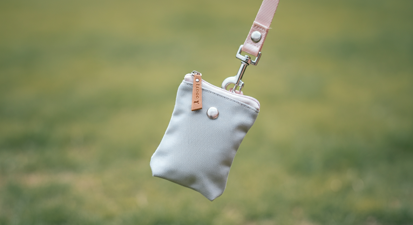 パステルカラーのリードに付けられた小さなマナーポーチのクローズアップ写真