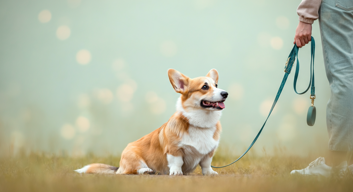 飼い主が持つリードの横で、お出かけを心待ちにしているコーギーが座って見上げている。