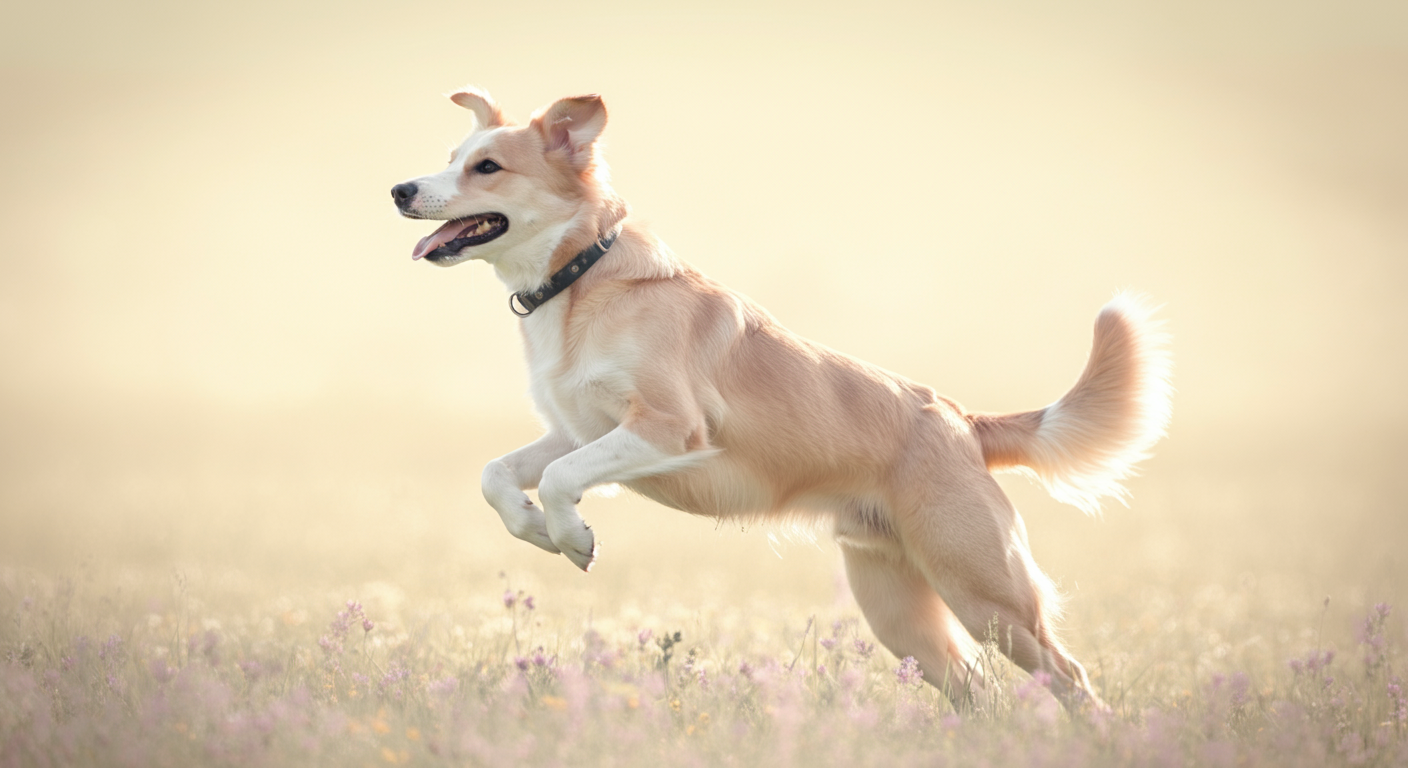 朝日を浴びて、草原で楽しそうにジャンプする犬のぼやけたシルエット。