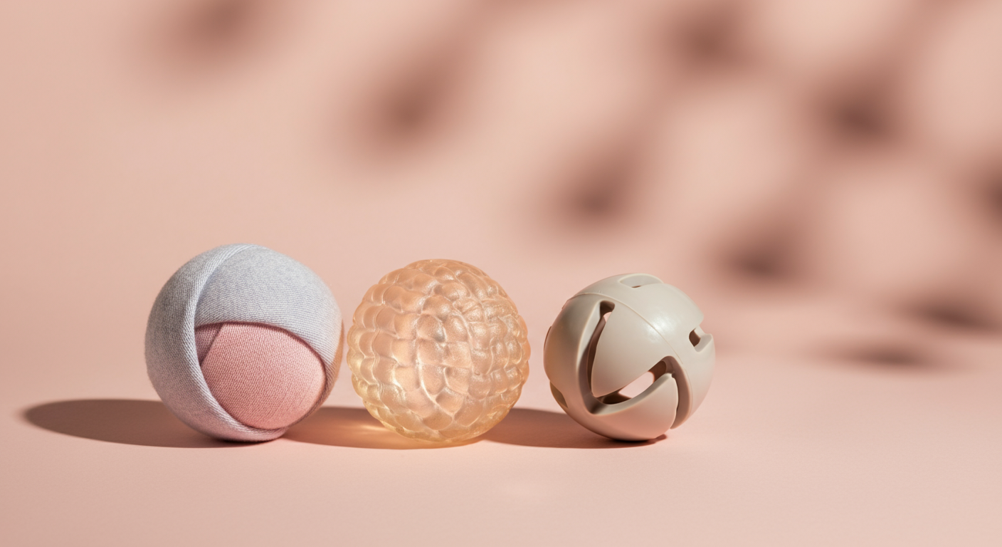 パステルカラーの背景に並べられた、布製、ゴム製、プラスチック製の3種類の犬用ボール。