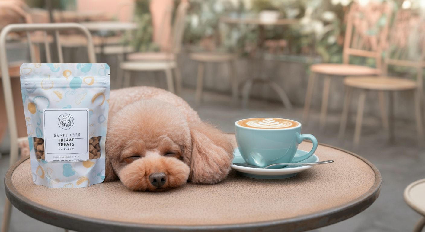 カフェのテーブルに置かれたおしゃれなトリーツポーチとコーヒー。足元には犬がいる。