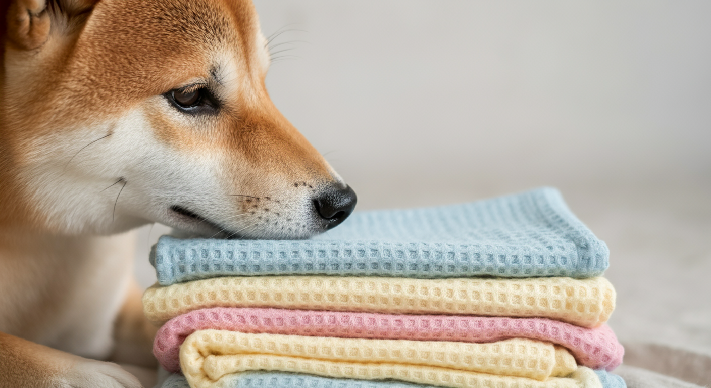 パステルカラーの様々な素材のクールウェアが畳まれており、その匂いを柴犬がかいでいるクローズアップ写真。