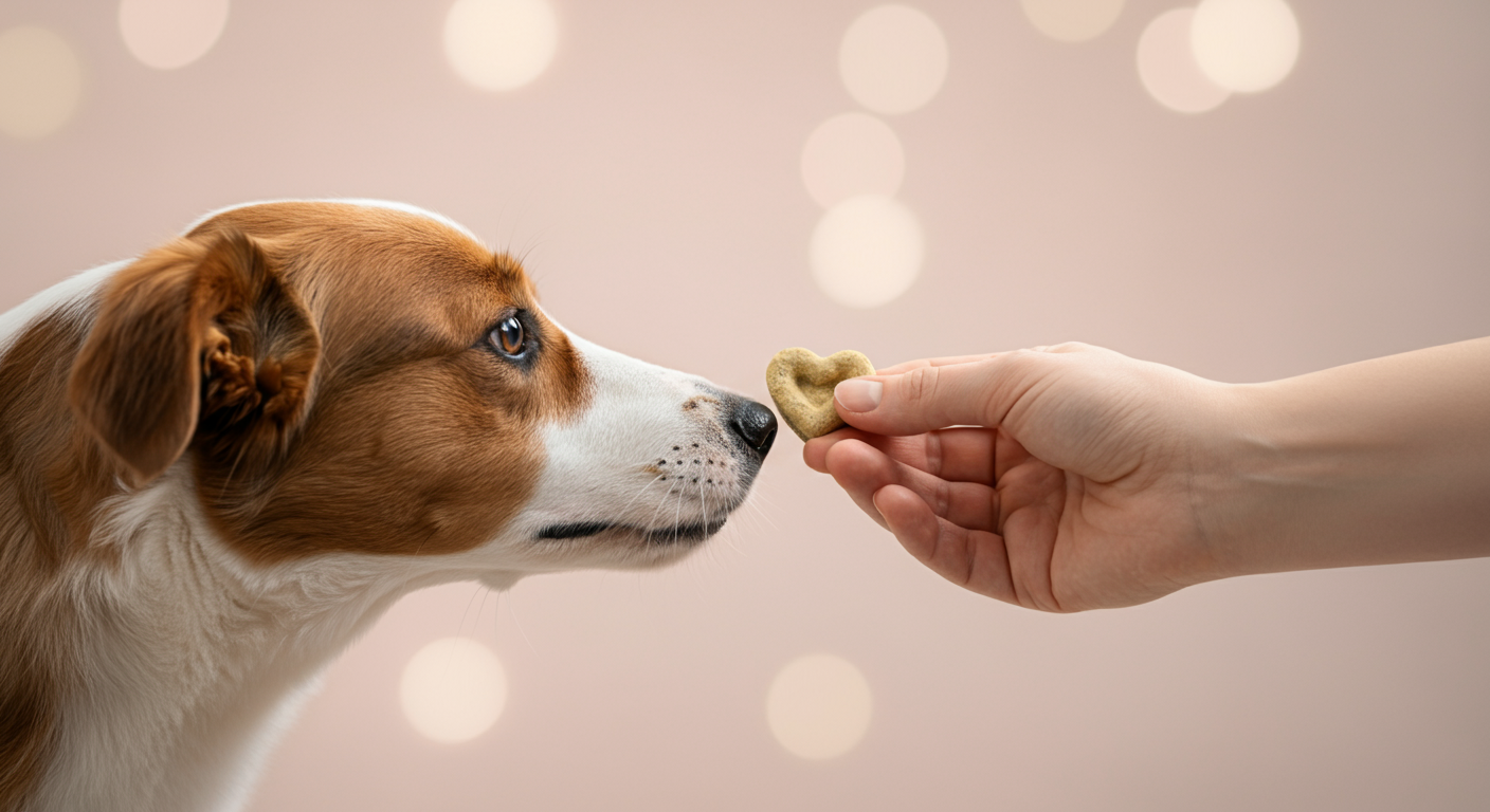 飼い主の手から、ハート型のおやつを優しく受け取ろうとしている一匹の犬の鼻先。