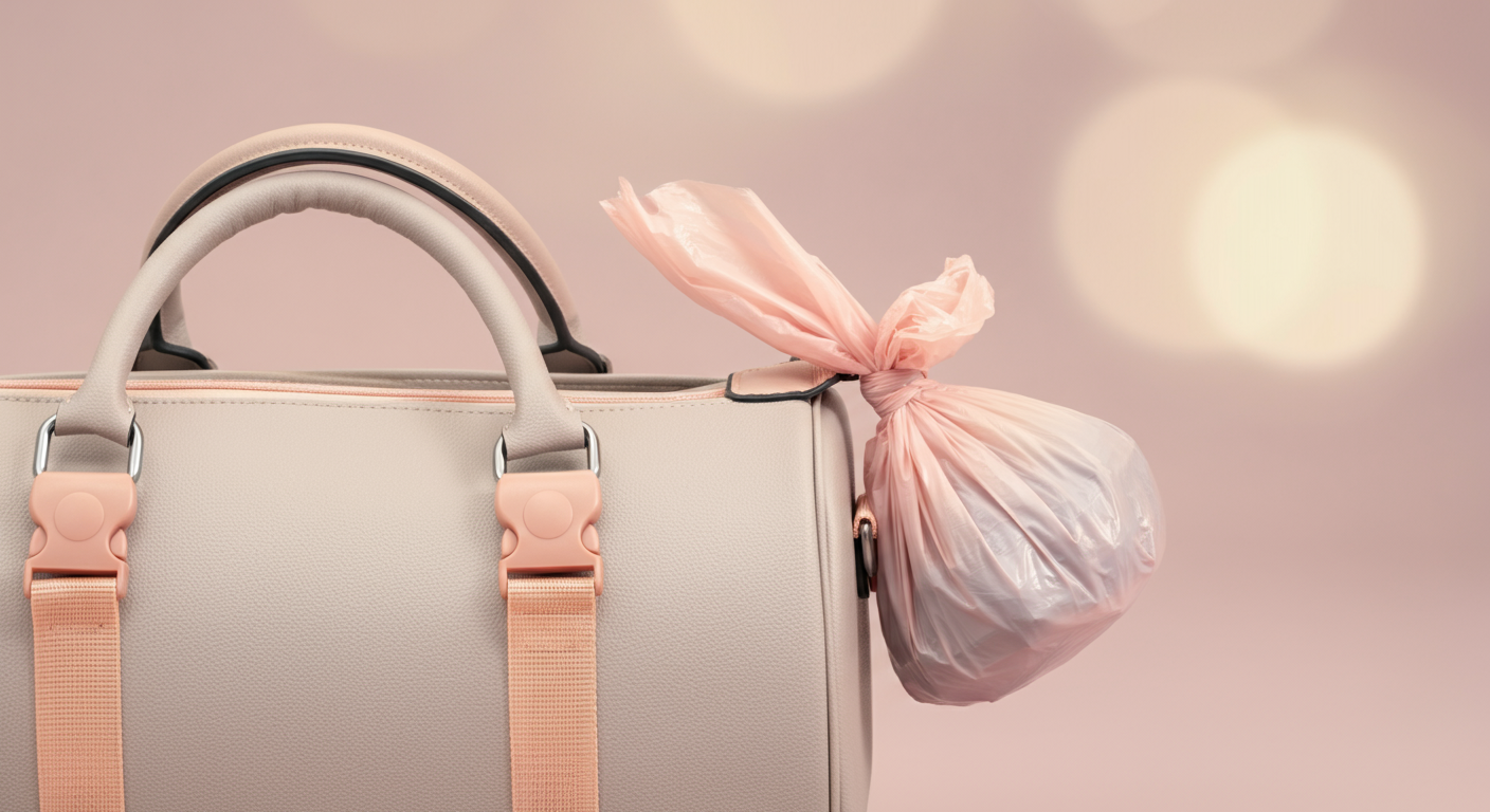 パステルカラーのビニール袋がお散歩バッグの持ち手に結ばれている写真。