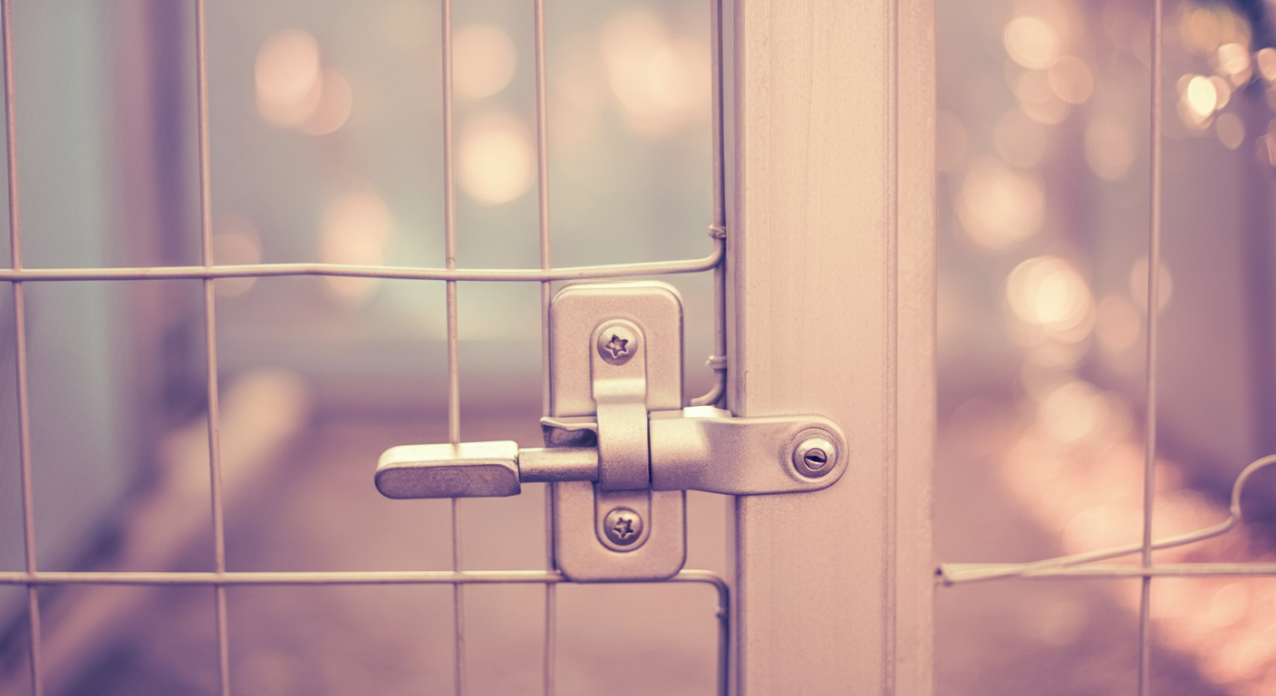 わずかに開いているドッグランのゲートの掛け金のクローズアップ写真。