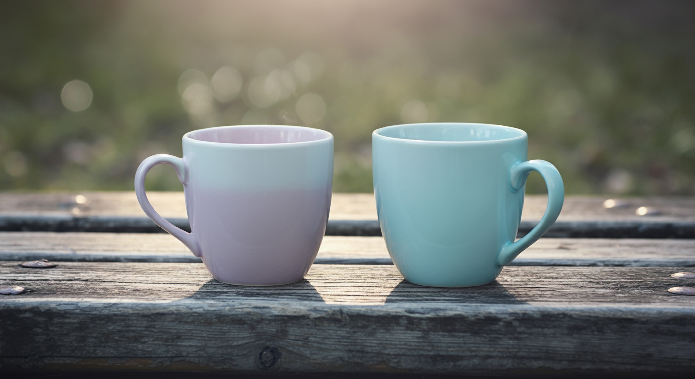 公園のベンチに置かれた2つのコーヒーカップ