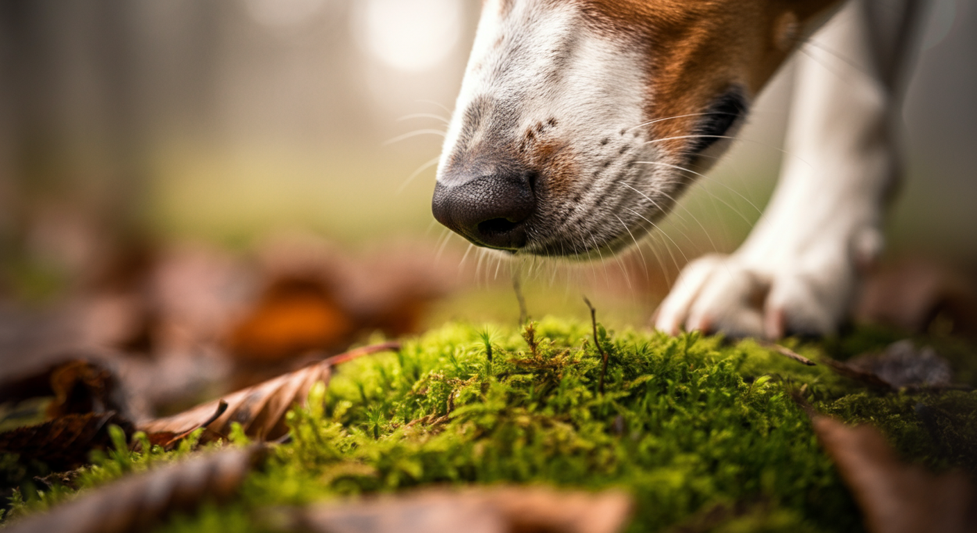 落ち葉が積もった地面の匂いを、一匹の犬が熱心に嗅いでいる鼻先のドアップ写真。
