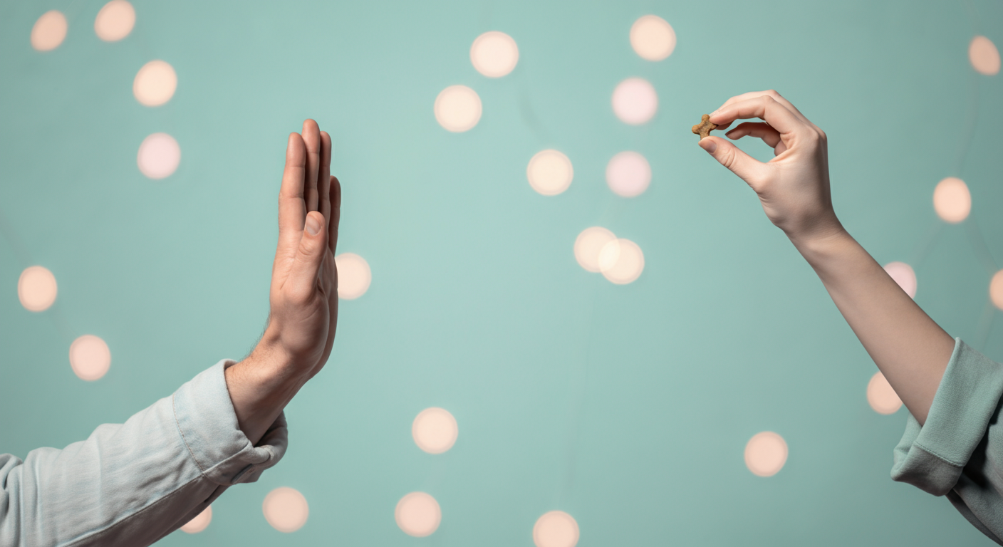 おやつを持つ手に対して、もう片方の手が優しく「待って」と制止しているジェスチャー