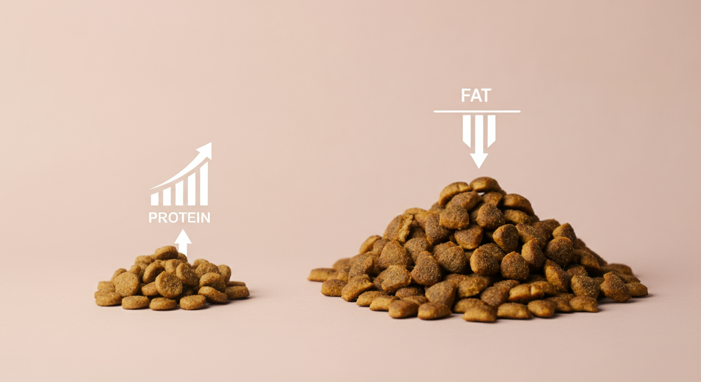 「タンパク質」と書かれた上向き矢印の横にあるフードの山と、「脂肪」と書かれた下向き矢印の横にあるフードの山。高タンパク・低脂肪のバランスをイメージした写真。