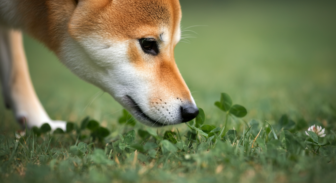芝生の匂いを嗅ぐ中型犬の鼻先のアップ