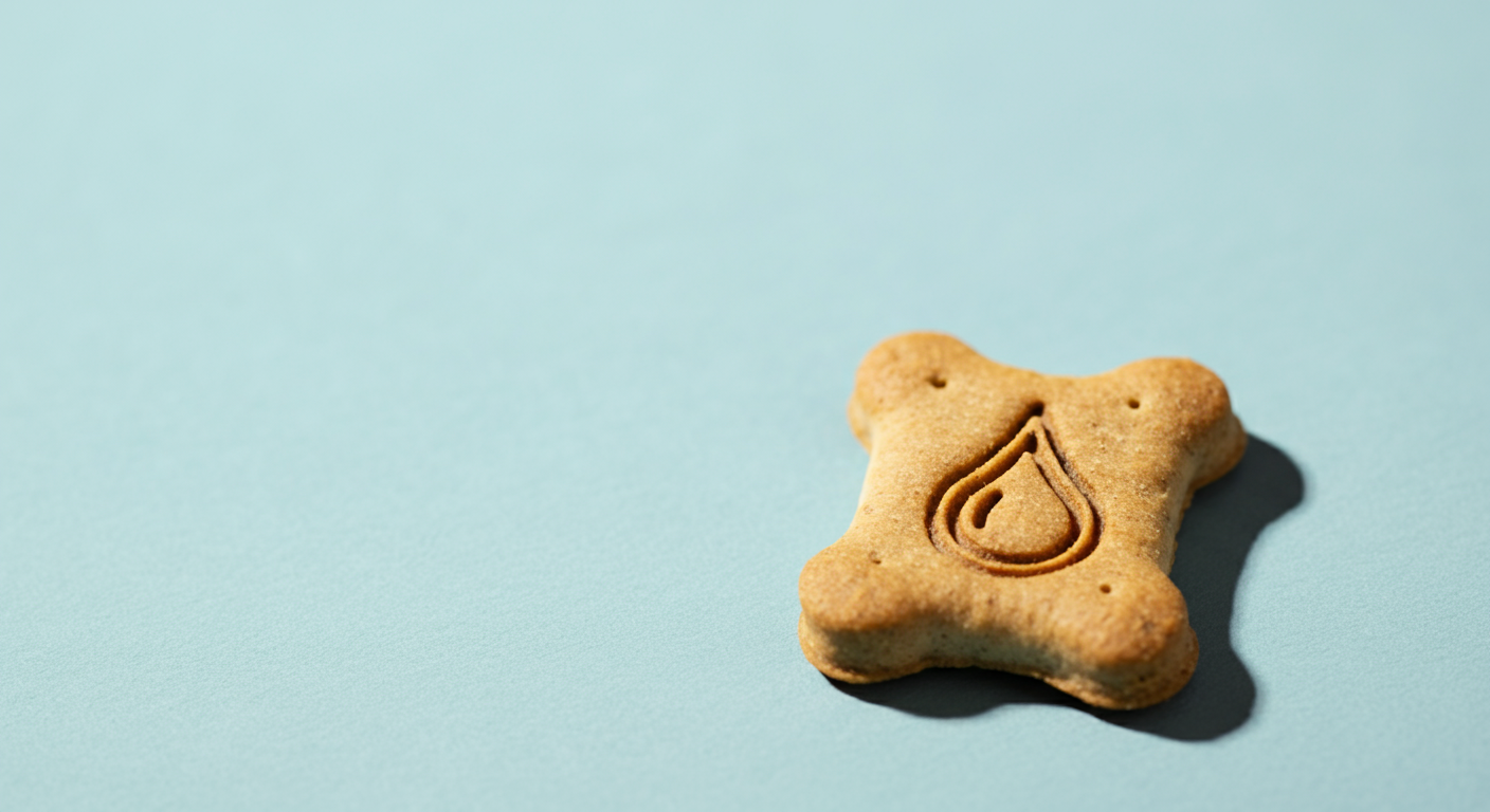 ハート型のしずくマークが刻印されたドッグビスケットのクローズアップ写真。栄養ケアを象徴している。