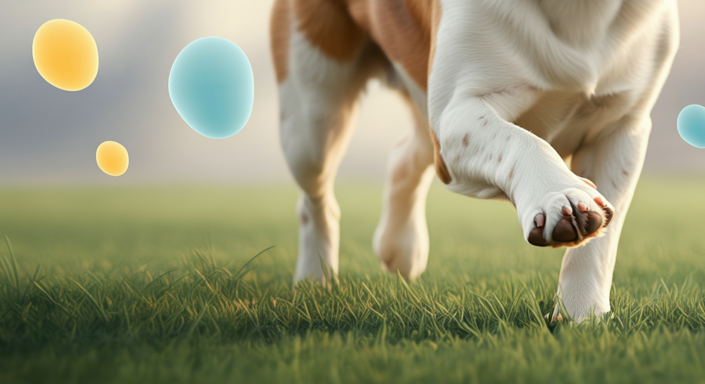 ドッグランの芝生を元気に走る犬の足と、腸内環境をイメージした光の玉