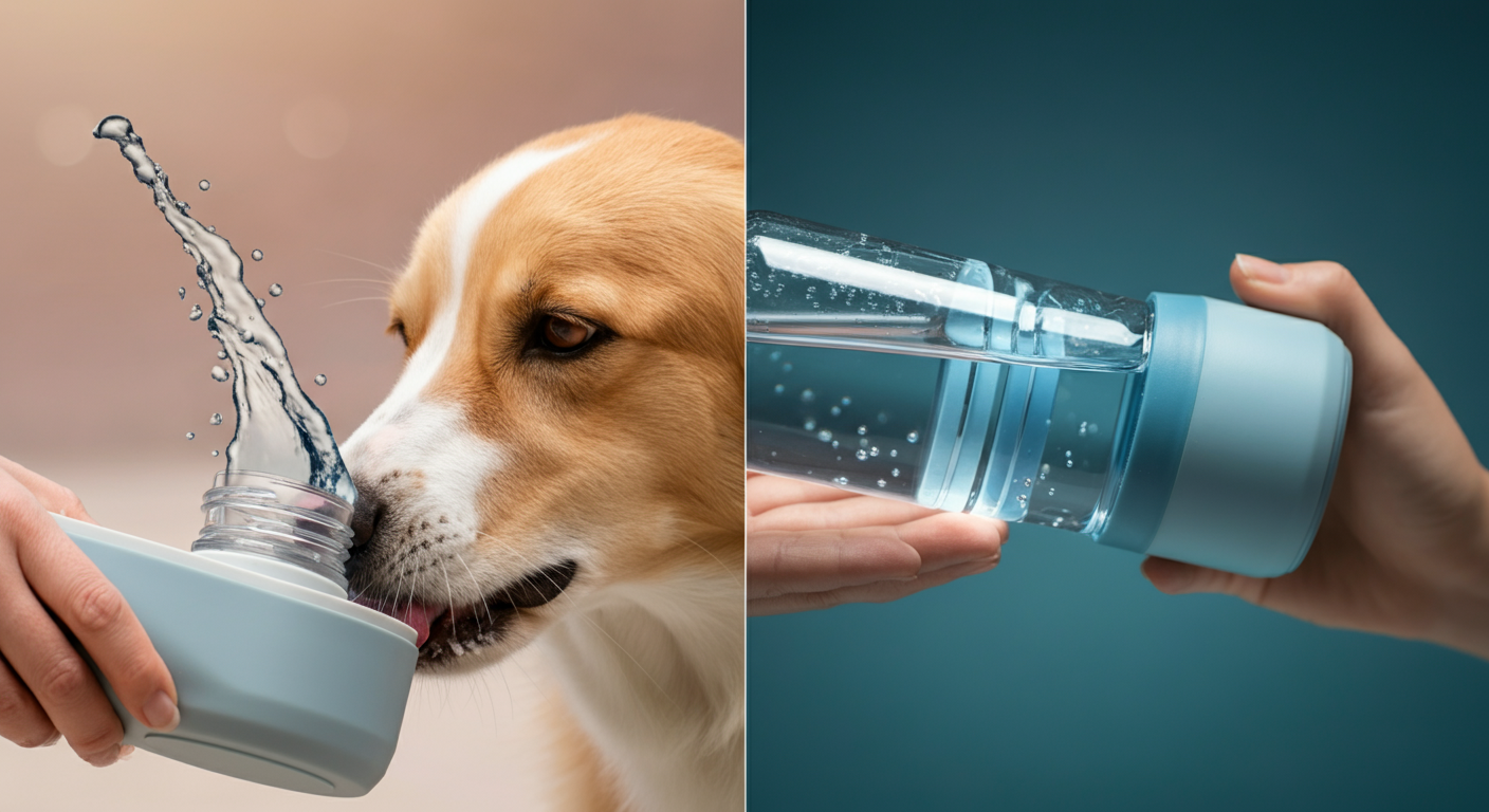 犬が清潔に水を飲んでいる様子と、ボトル内部の綺麗な水が並べて表示され、衛生的な構造を示している写真。