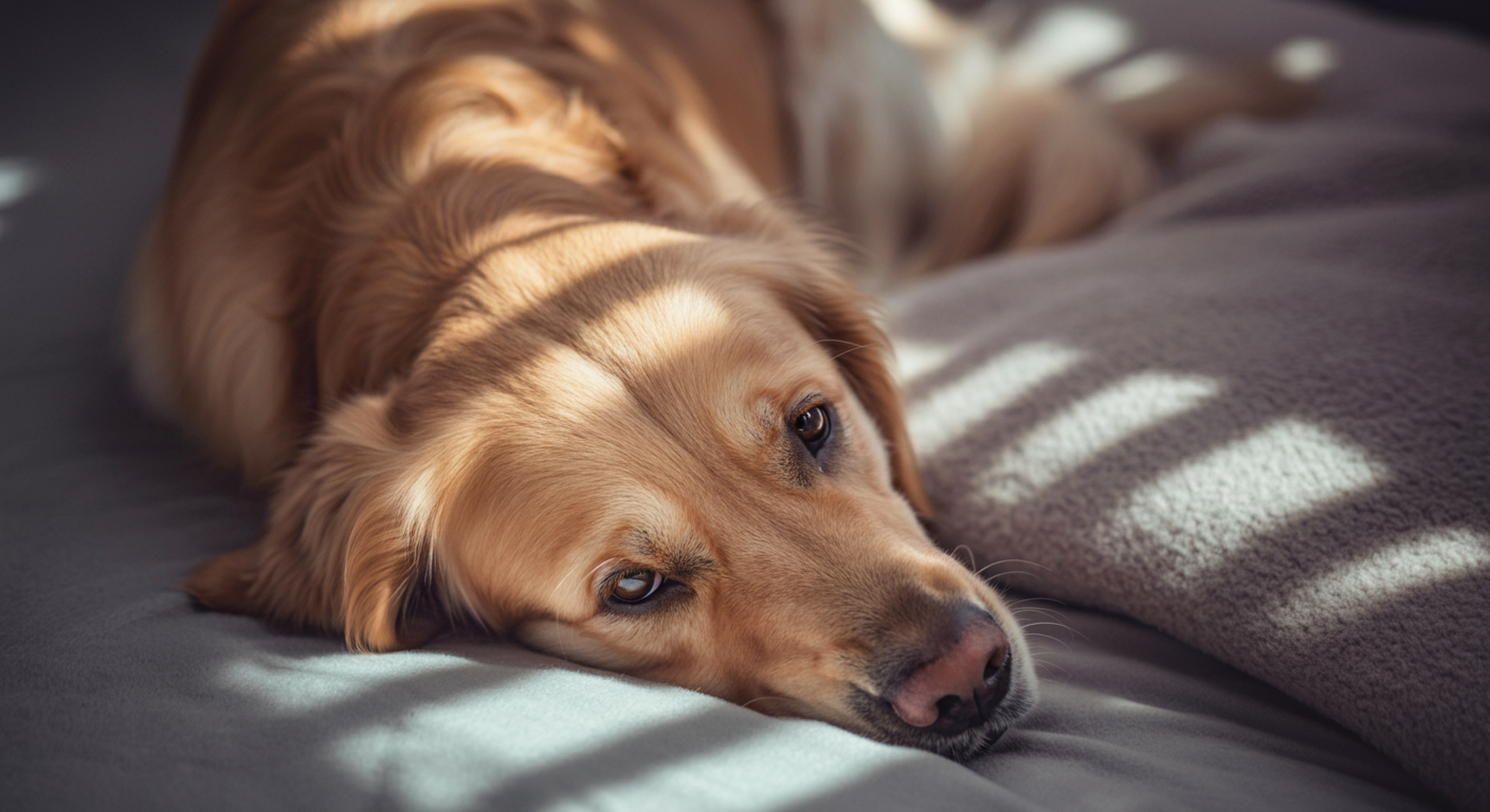 パステルカラーの穏やかな光が差す部屋で、犬がブランケットに頭を乗せて休んでいるのを真上から撮影した写真。