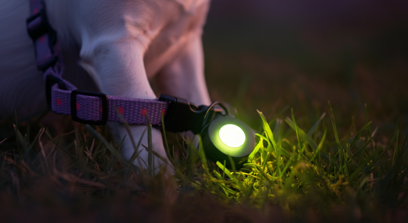 夕暮れの草むらで、犬の首輪についた小さなLEDライトが優しく光っている様子。