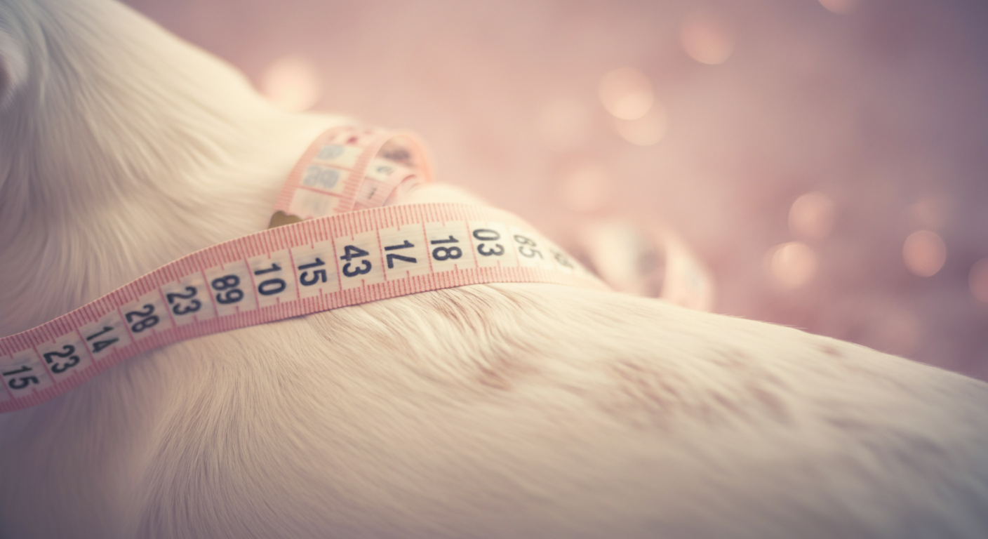 犬の背中に優しく置かれたメジャーのクローズアップ写真。