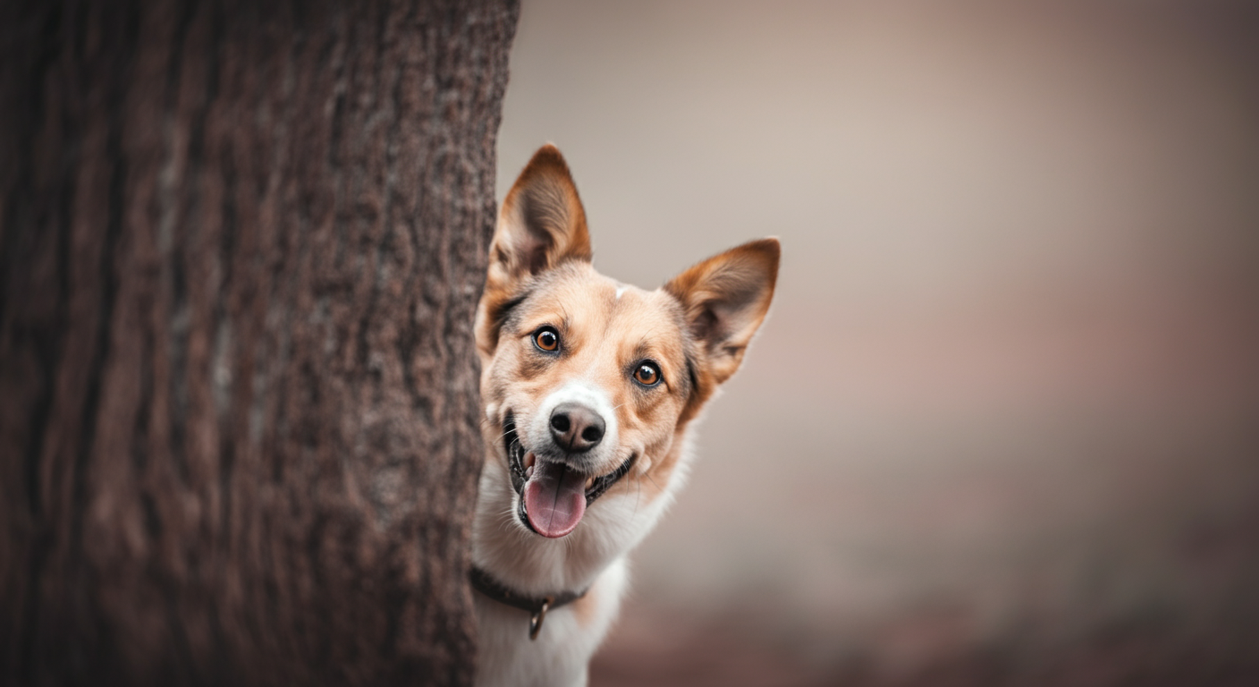 かくれんぼで飼い主を見つけて喜んでいる一匹の犬の顔。
