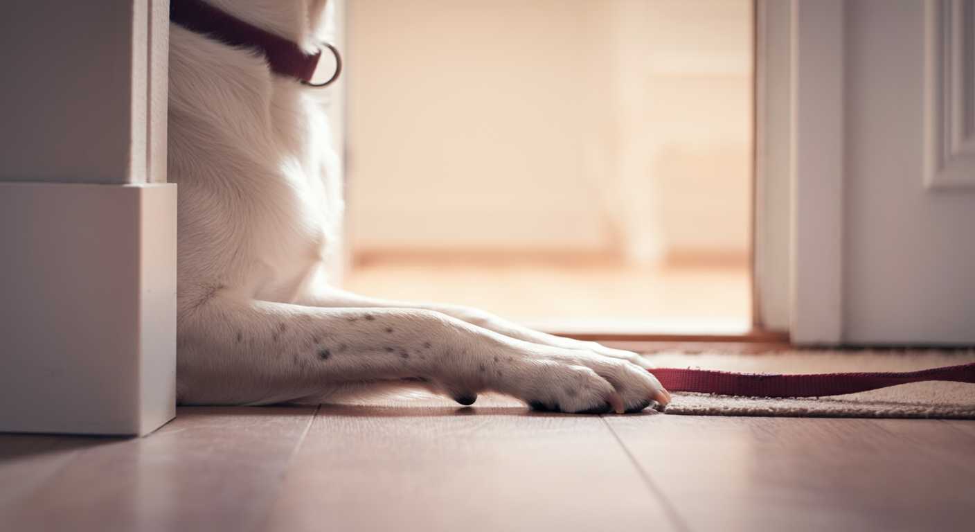 玄関のドアのそばで、飼い主が出かけるのを待っている犬の足とリード。