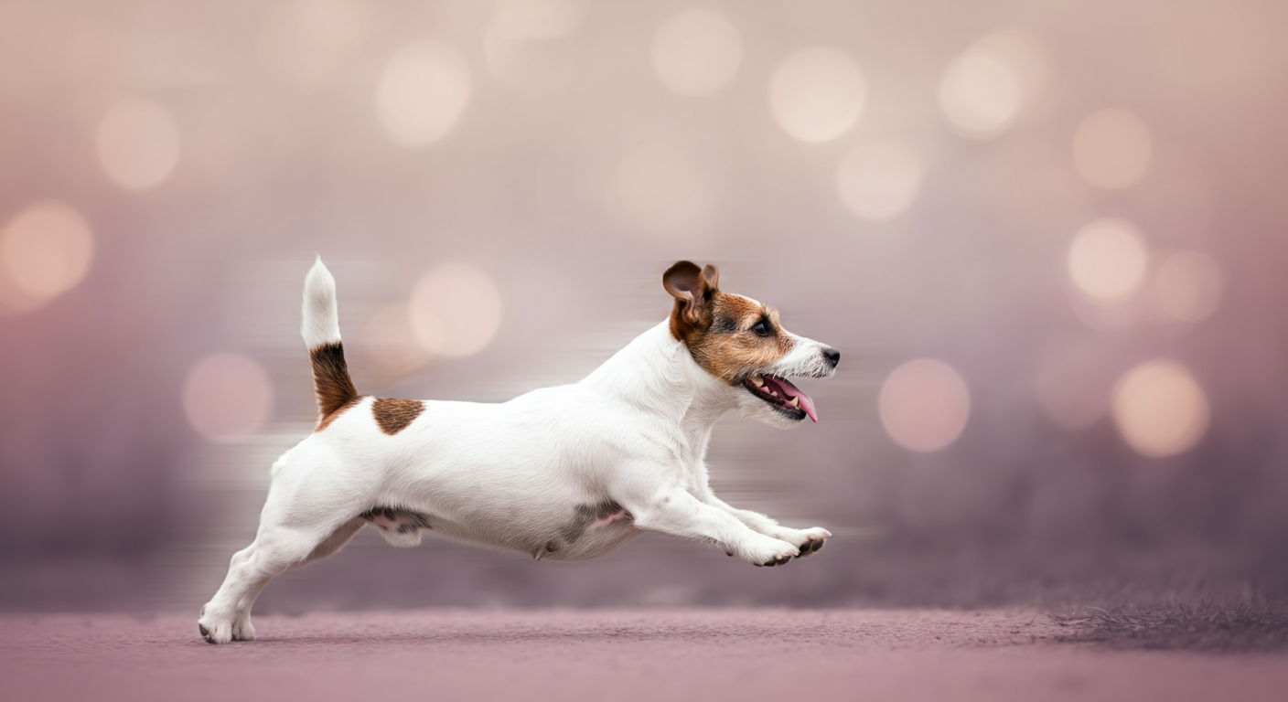 ジャックラッセルテリアが興奮して走っている様子をモーションブラーで捉えた抽象的な写真。