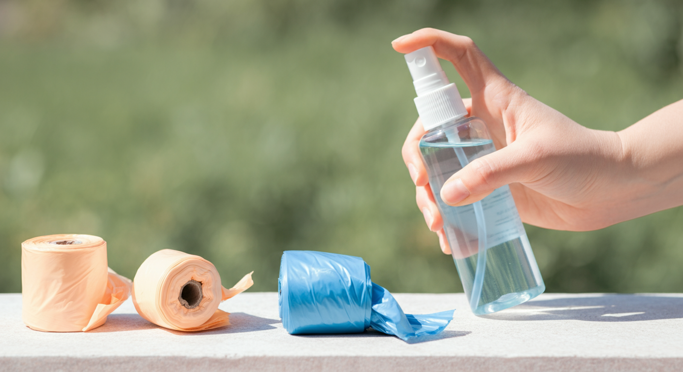パステルカラーの除菌スプレーと、うんち袋を持つ手のクローズアップ写真。