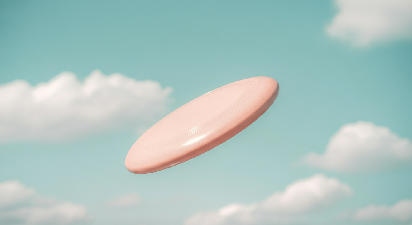 青空を背景に、フリスビーがゆっくりと落下している様子。滞空時間の長い投げ方を表現している。