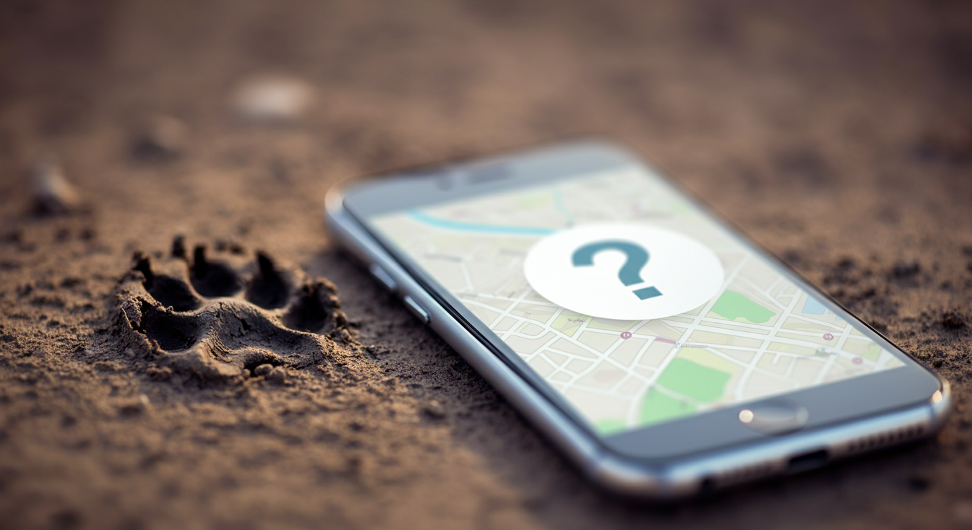 地面についた犬の足跡と、疑問符が表示された地図アプリのスマートフォン画面を並べた抽象的な写真。