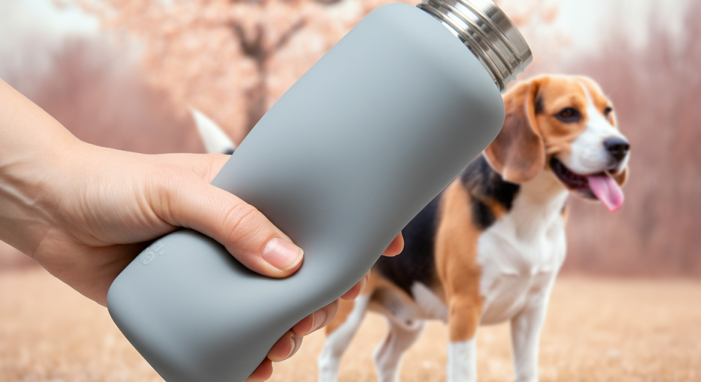 手で優しく握られ、その柔軟性と頑丈さを示しているグレーのシリコン製給水ボトル。