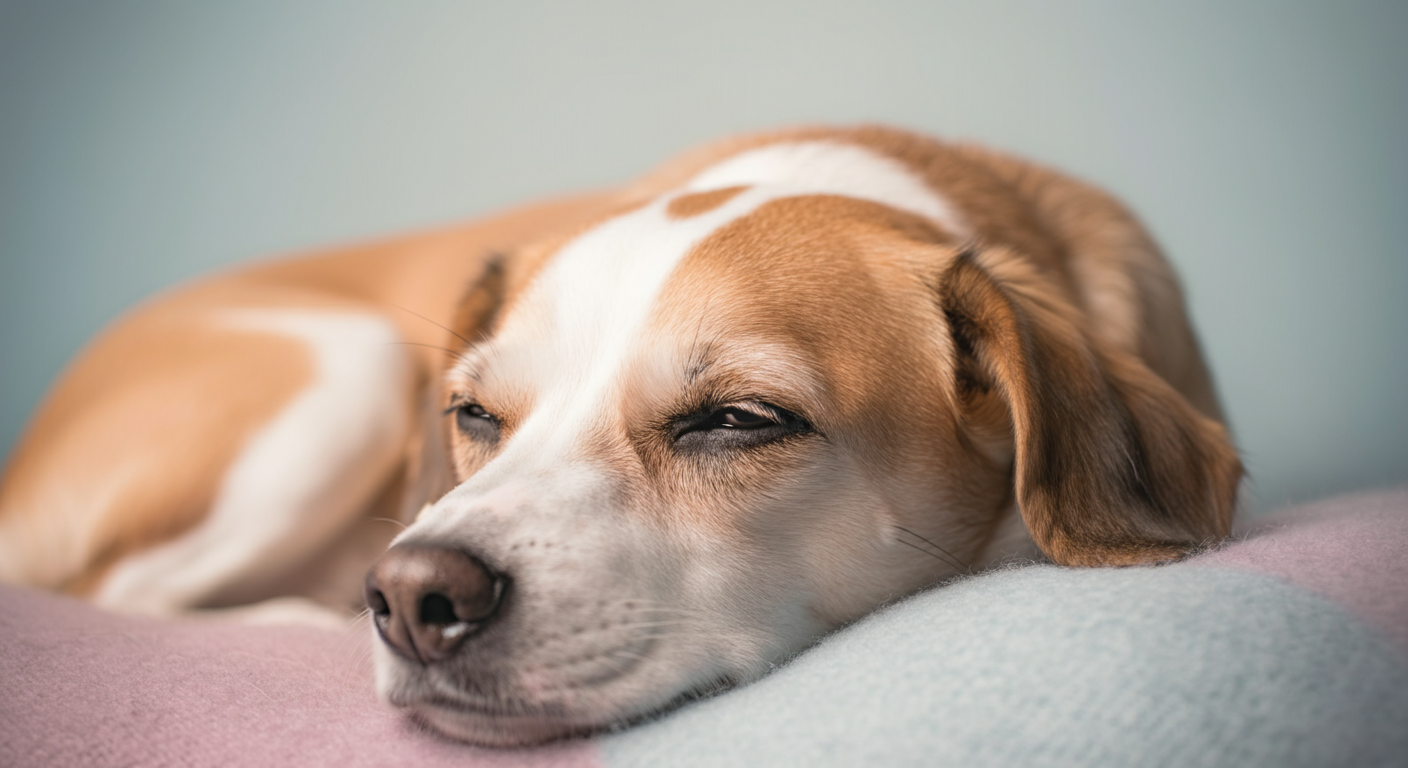 パステルカラーのブランケットの上で安らかに眠る犬の横顔のクローズアップ。