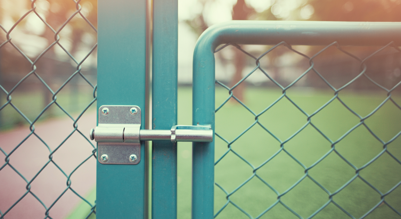 ドッグランのフェンスの門の掛け金のクローズアップ。門の向こうには緑の広場がぼやけて見えている