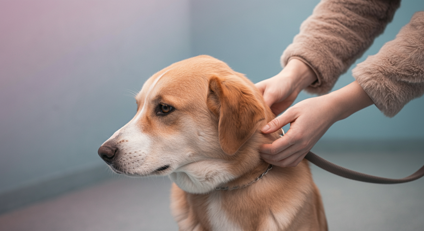ドッグランの隅で、飼い主が落ち着いた様子の一匹の犬に優しくリードをつけている。